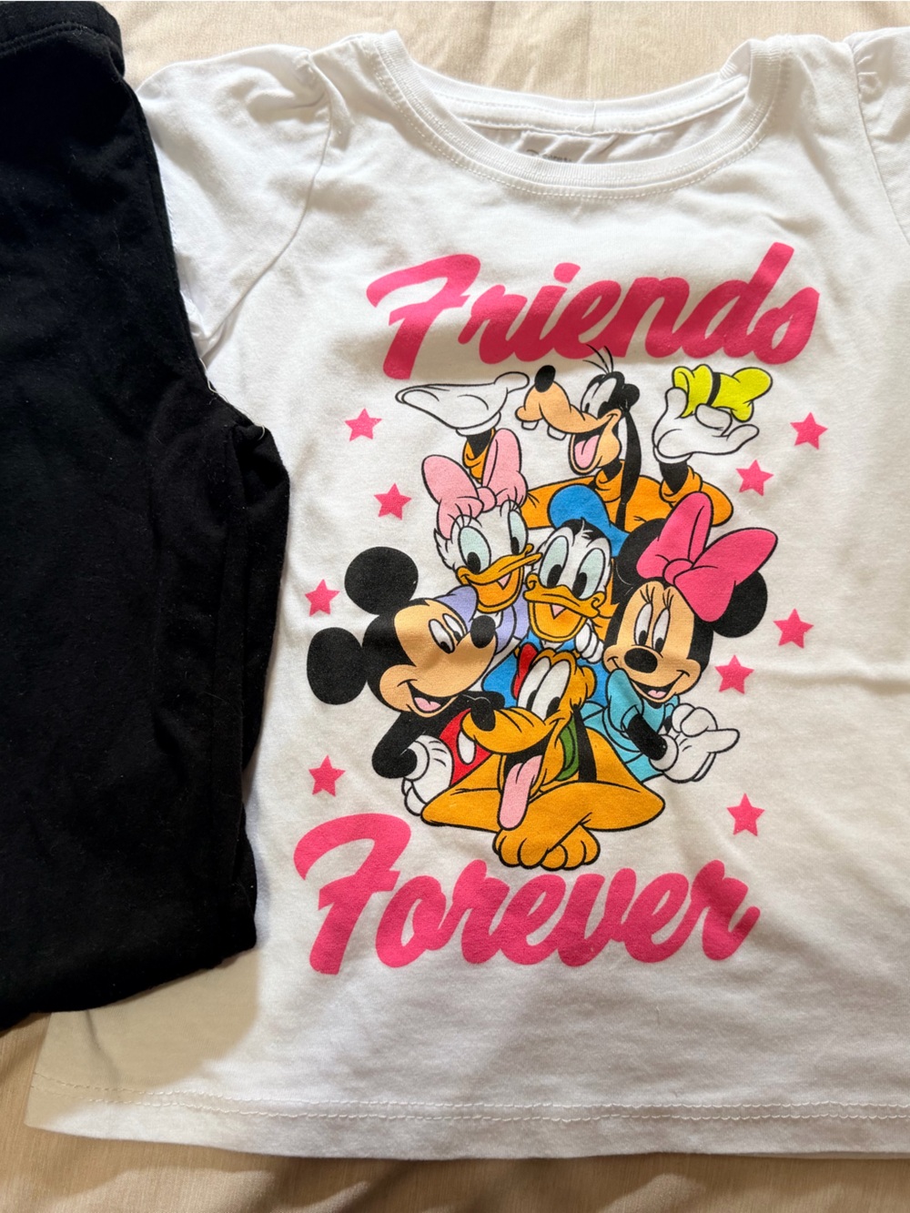 Disney White Tee with Pink Script and Multi-Color Character Graphic